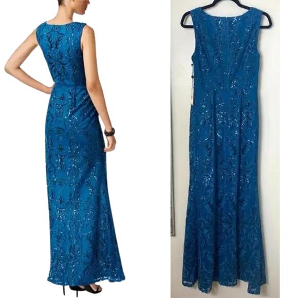 NWT ADRIANNA PAPELL DRESS GOWN 4 BLUE MOTHER OF THE BRIDE EVENING FORMAL WEDDING - Picture 2 of 15